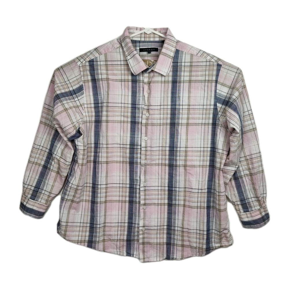 Synergy Button-Up Shirt Men's 1XL‎ Gray/Pink/Cream Plaid Long Sleeves Collared